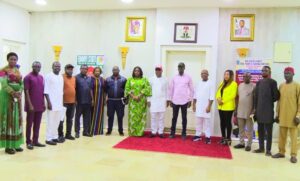 Governor of Ebonyi State, Rt. Hon. Francis Ogbonna Nwifuru, received NLTF Executive Secretary, Comrade Tosin Adeyanju and his Team on a Courtesy Call. (Group Photograph)